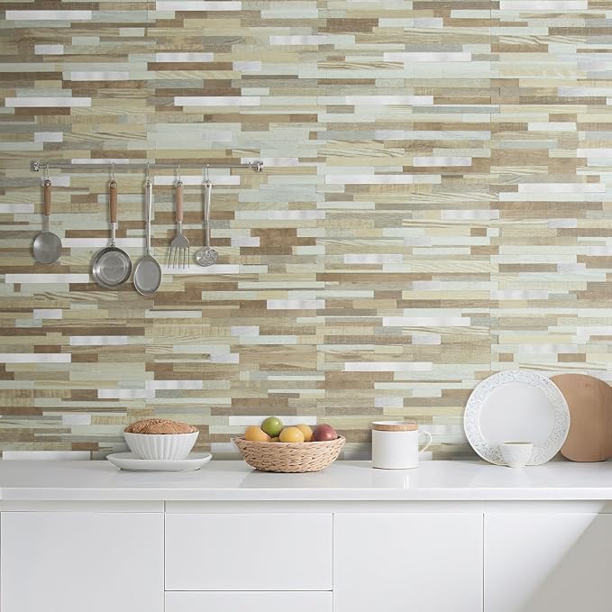 AULIGET 20 Sheets Beige & Brown Wood Peel and Stick Backsplash, PVC Mixed Metal - Image 2