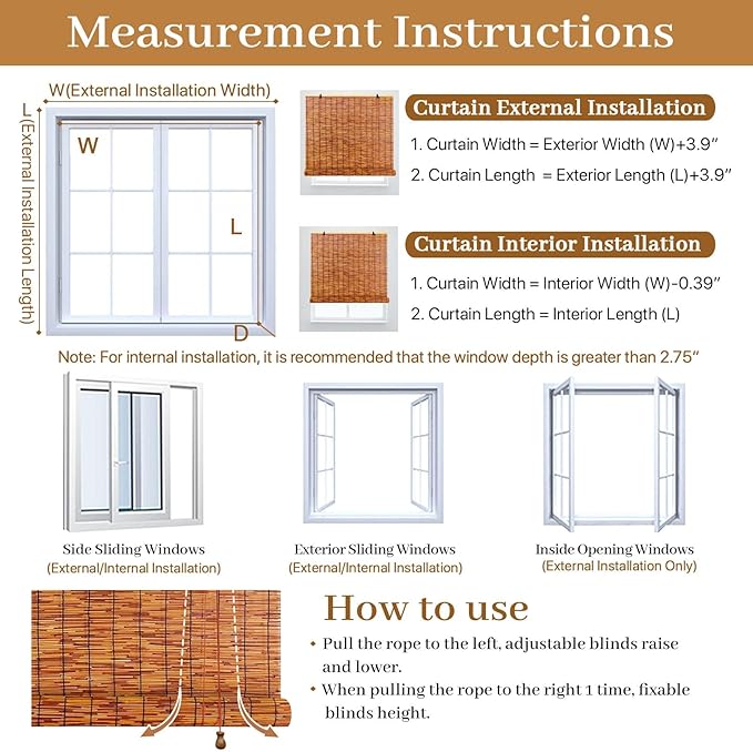 Retro Bamboo Shades 36" 47" 55" 60" 65" 72" 79" Bamboo Roll up Blinds Outdoor - Image 6