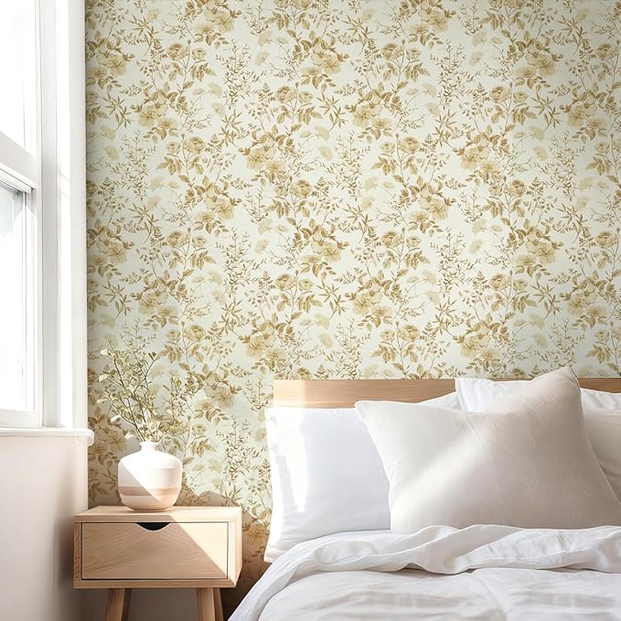Erfoni 16.9" x118" Boho Floral Peel and Stick Wallpaper Yellow Brown Flower - Image 2
