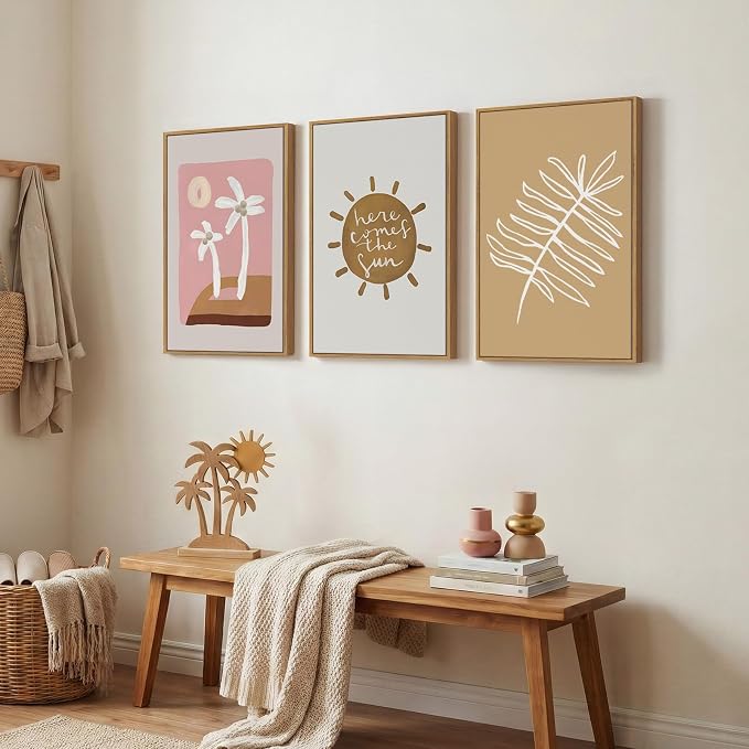 Framed Neutral Boho Abstract Wall Art Bedroom, 3 Piece Minimalist Tropical Sun - Image 2
