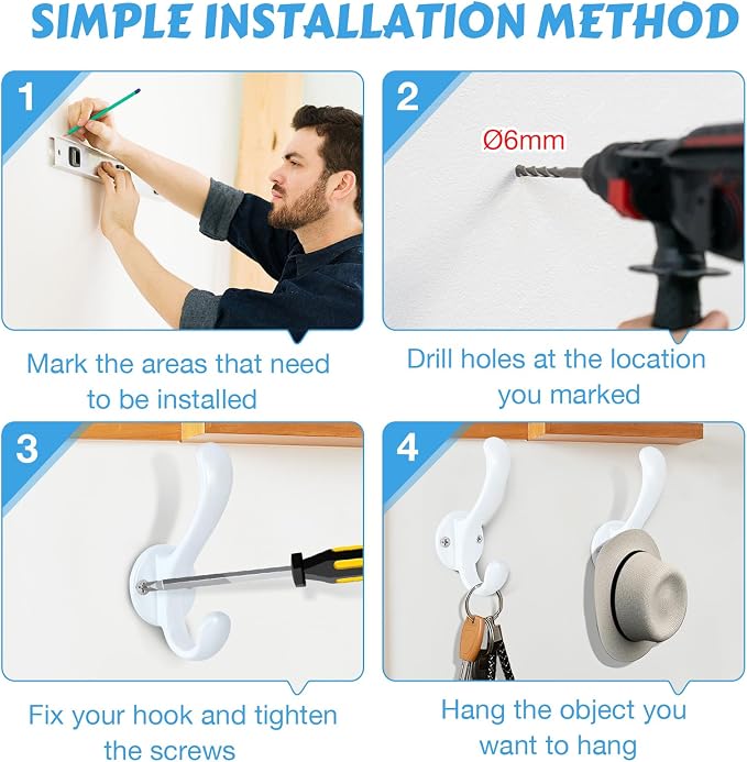 4 Pack Coat Hooks Wall Mount Heavy Duty Utility Retro Double Hooks - Image 5