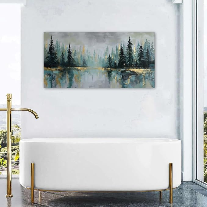 Green Forest Wall Art Vintage Fog Pine Trees Landscape Wall Decor Nature Green - Image 5