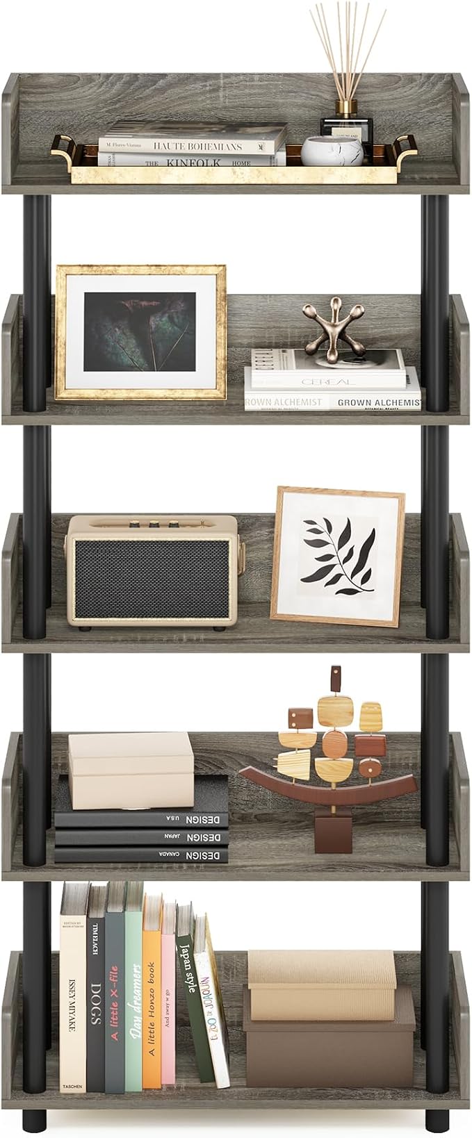 Furinno Turn-N-Tube 5-Tier Toolless Display Rack, French Oak/Black - Image 4