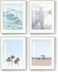 Framed Coastal Beach Wall Art for Living Room, 4 Piece Ocean Wave Palm Tree by MXART