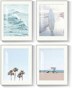 Framed Coastal Beach Wall Art for Living Room, 4 Piece Ocean Wave Palm Tree by MXART
