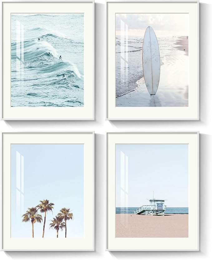 Framed Coastal Beach Wall Art for Living Room, 4 Piece Ocean Wave Palm Tree by MXART