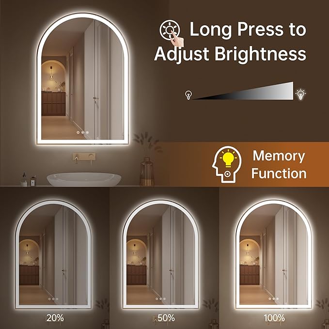 Arched Bathroom Mirror with Lights 28"x40"- Frameless LED Mirror - Image 3