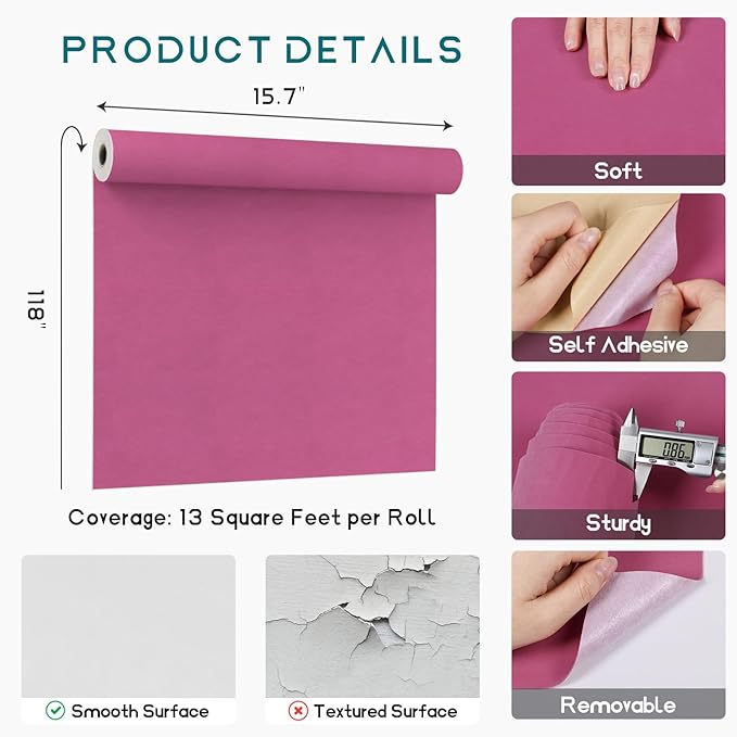 VEELIKE Magenta Pink Velvet Wallpaper Peel and Stick Self Adhesive Soft Fabric - Image 8