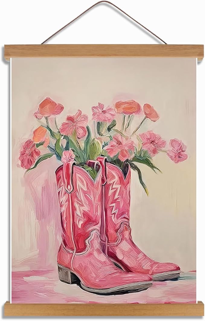 Pink Floral Cowboy Boots Wall Art, Vintage Cowboy Boots Canvas Wall Decor by Unknown