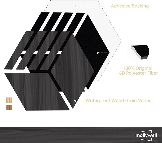Mollywell Acoustic Panels, PVC Wood-Grain, 14x12 Inch Hexagon Carved Sound - Image 3