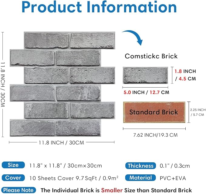 COMSTICKC 3D Gray Brick Wall Panel, Peel and Stick Brick Tiles, Small Size Thin - Image 4