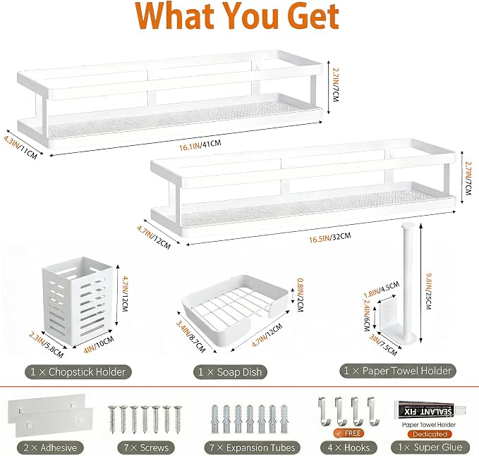 PUSDON 5-in-1 16.5" Extra Long Kitchen Organizer & Shower Caddy Set, Wall Mount - Image 2