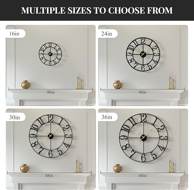 Cuspin 16 Inch Large Wall Clock, Modern Black Metal Clock - Image 7