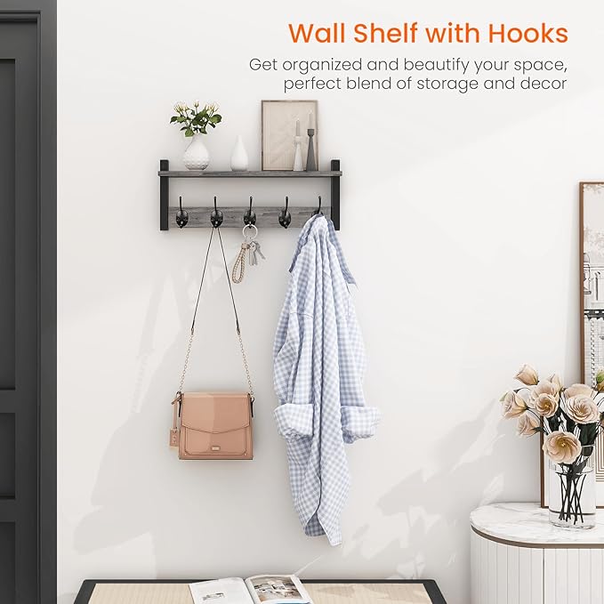 Homode Wall Hooks with Shelf, Coat Rack Wall Mount, Entryway Shelf with Hooks - Image 2
