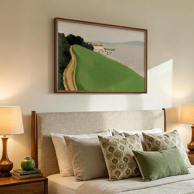 Vintage Framed Green Abstract Landscape Wall Art, Modern Minimalist Coastal - Image 2