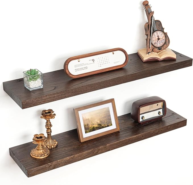 Floating Shelves for Wall Decor, 8 Inch Deep Rustic Solid Elm Wood Floating by FLYJOE