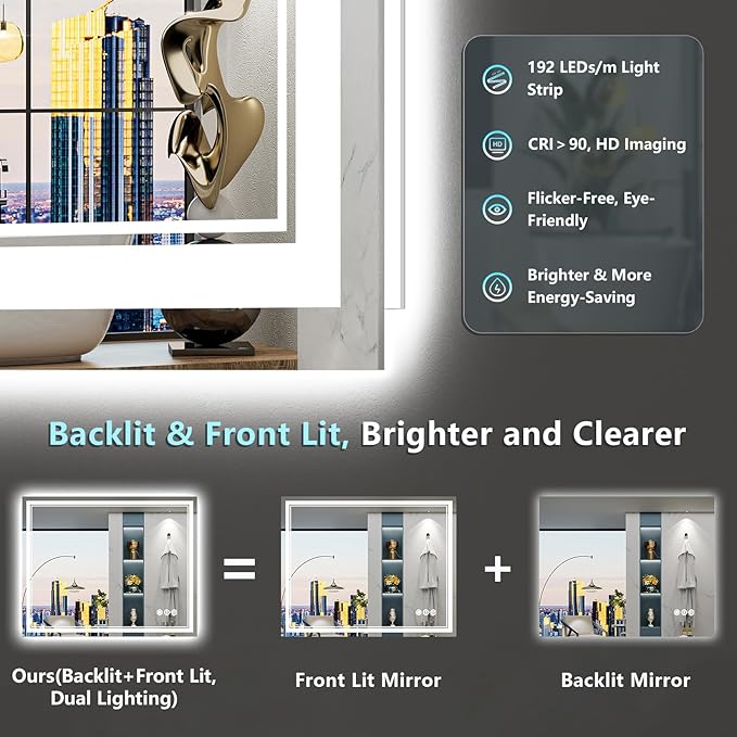 40x30 LED Bathroom Mirror with Lights, Backlit and Front Lit, Anti-Fog Lighted - Image 3
