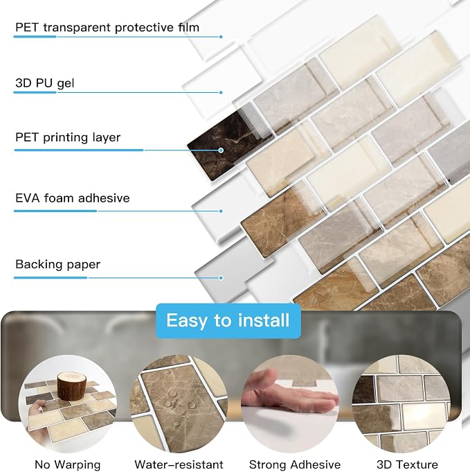 Art3d Peel and Stick Backsplash Tiles – 12"x12" Yellow Jasper Thicker Design - Image 7