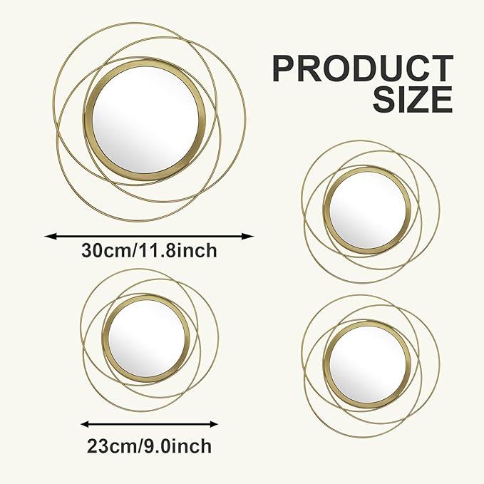 4 Piece Gold Round Wall Mirror Set Modern Metal Circle Home Decor - Image 6