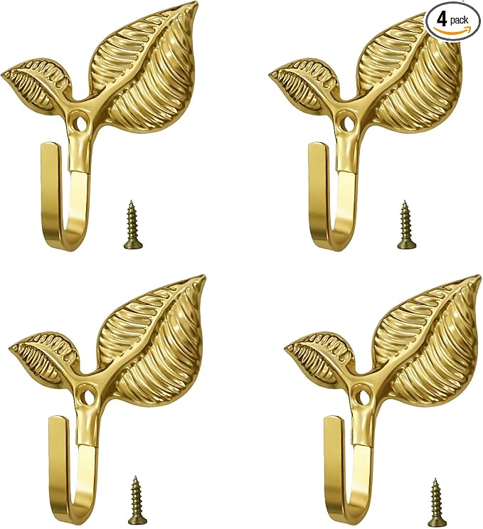 Set of 4 Vintage Leaf Wall Hooks Golden Metal Coat Hooks Heavy Duty Decorative by Unknown