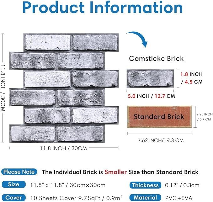 COMSTICKC 3D Faux Brick Wall Panel Peel and Stick, Small Size, Ultra-Light PVC - Image 4