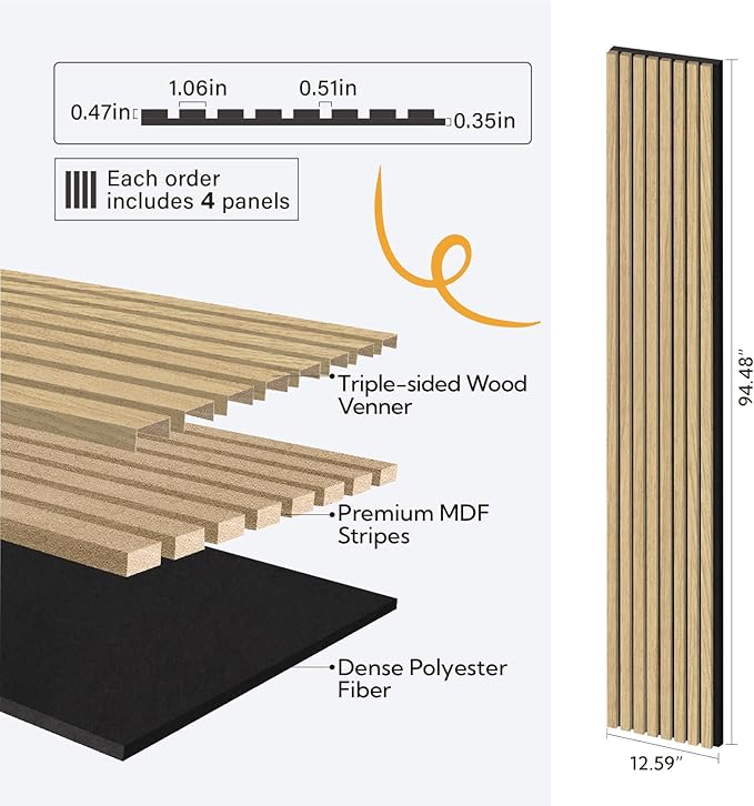 Olanglab Wood Slat Wall Panels 4 Pack, Wooden Acoustic Wall Panels, 94.5"x12.6" - Image 4