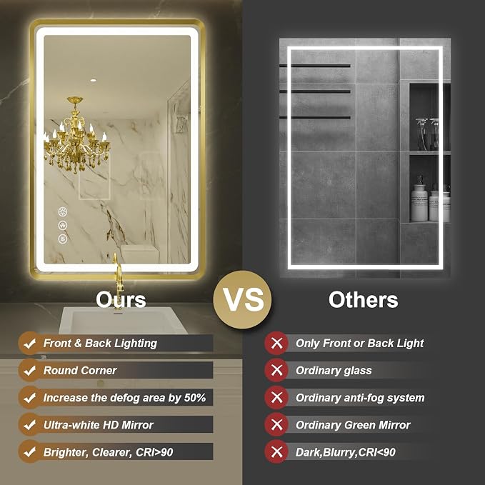 24''x36'' Gold Framed LED Bathroom Mirror - Image 3
