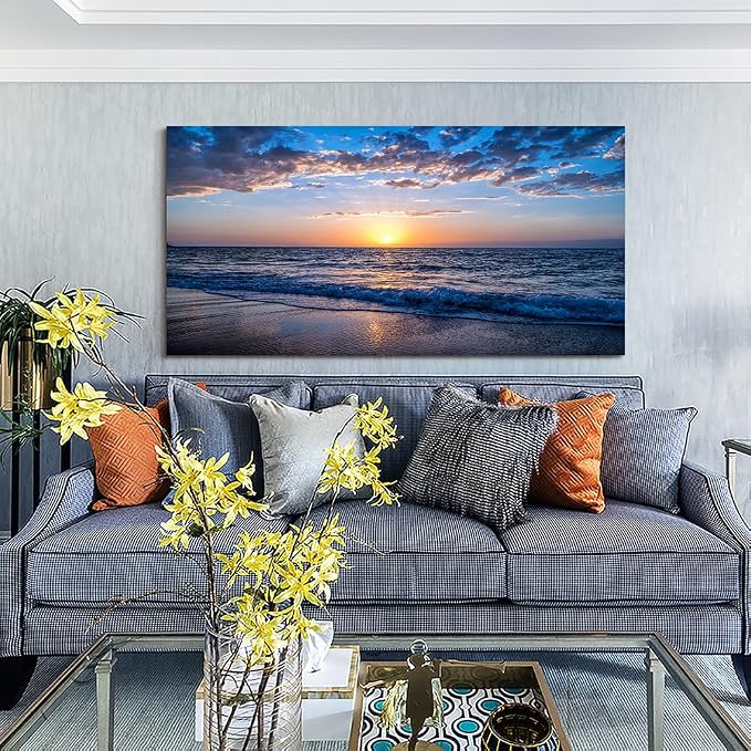Wapluam Large Canvas Wall Art Sunset Beach Painting Picture Print on Canvas - Image 6