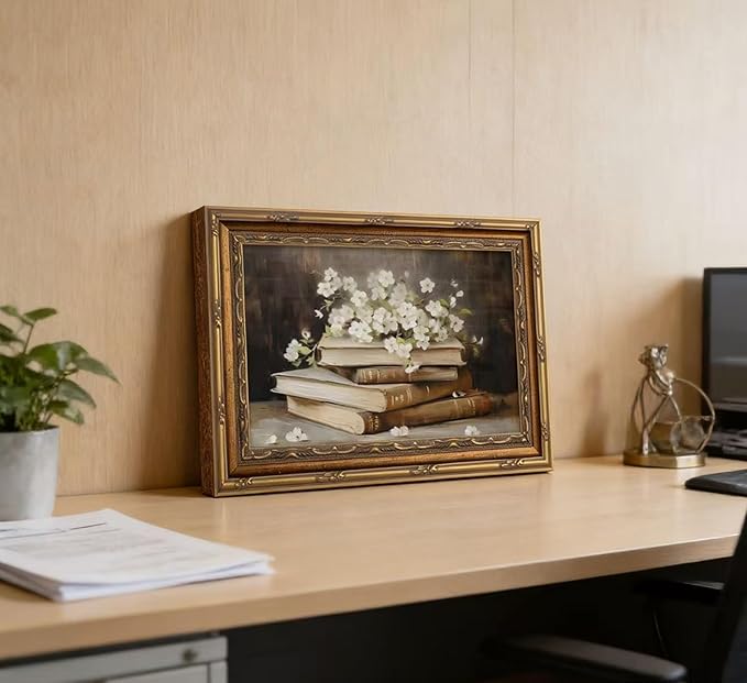 Vintage Gold Framed Wall Art Retro Moody Books and Flowers Oil Painting Canvas - Image 6