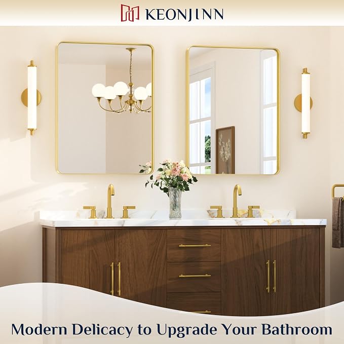 Keonjinn Gold Bathroom Mirrors for Vanity, 24 x 32 Inch Rounded Rectangle Gold - Image 2