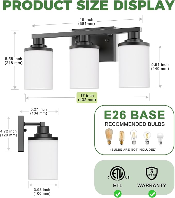 DORESshop 17 Inch Bathroom Light Fixtures, 3-Light Black Bathroom Vanity Light - Image 5