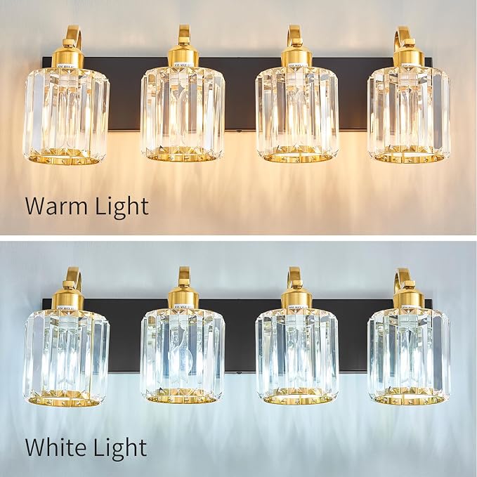 4 Light Crystal Vanity Lights for Bathroom, Modern Matte Black and Gold Wall - Image 7