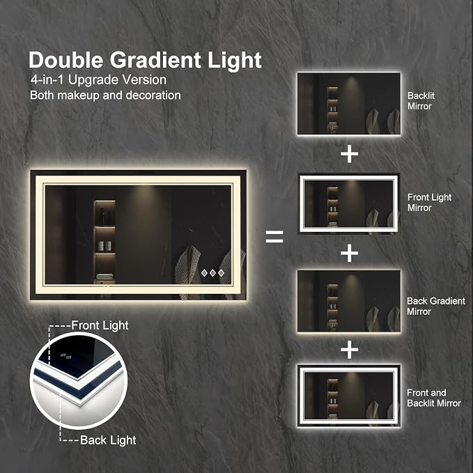 Lighted Vanity Mirror, 40x24 Inch Gradient Front and Backlight LED Vanity Mirror - Image 4