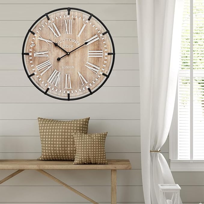 24 Inch Grand Farmhouse Wall Clock, Vintage-Inspired Wood & Metal Design - Image 4
