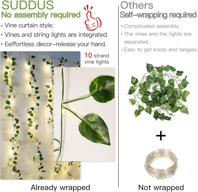 suddus Vines with Lights, 200 LED Fairy Lights with Vines, Pothos Curtain - Image 8