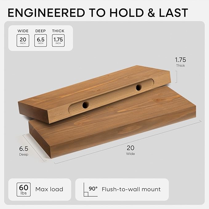 Homeforia 20 inch Golden Oak Floating Shelf, High End Solid Real Wood 20inch - Image 2