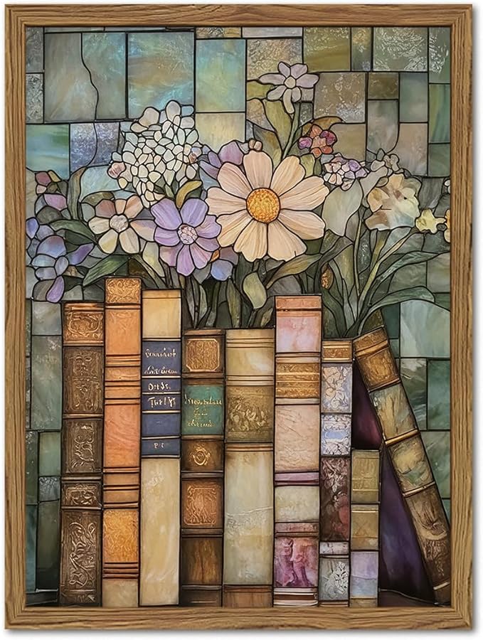 YYNISPIN Vintage Book Wildflower Wall Art Moody Stained Glass Book Lover Wall by YYNISPINWallArt