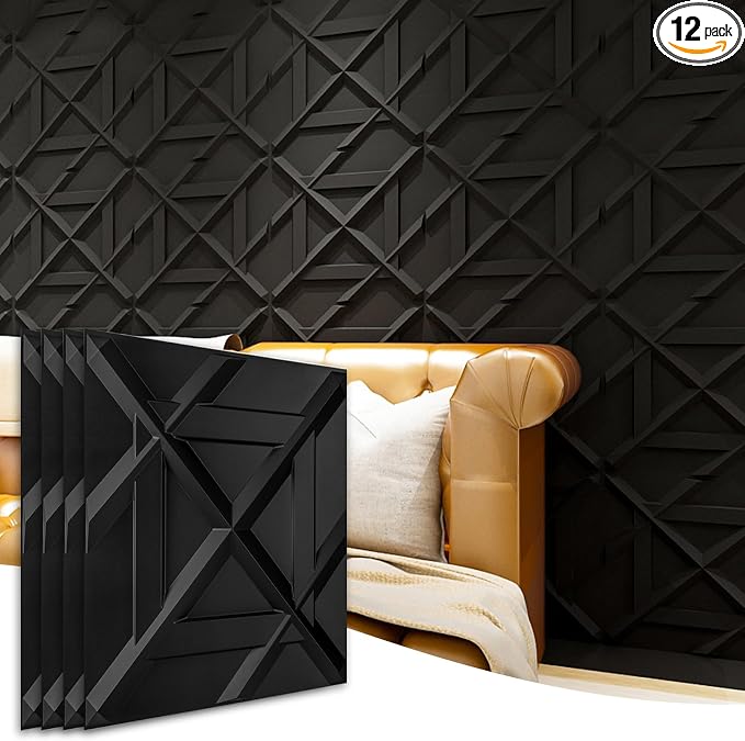 Art3d PVC 3D Wall Panel, Decorative Wall Tile in Black 12-Pack 19.7"x19.7" by Art3d