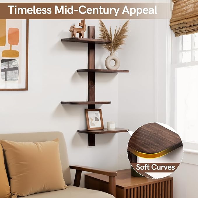 Afuly Mid Century Modern Decor Floating Shelves Walnut Display Shelf Wall Unit - Image 4