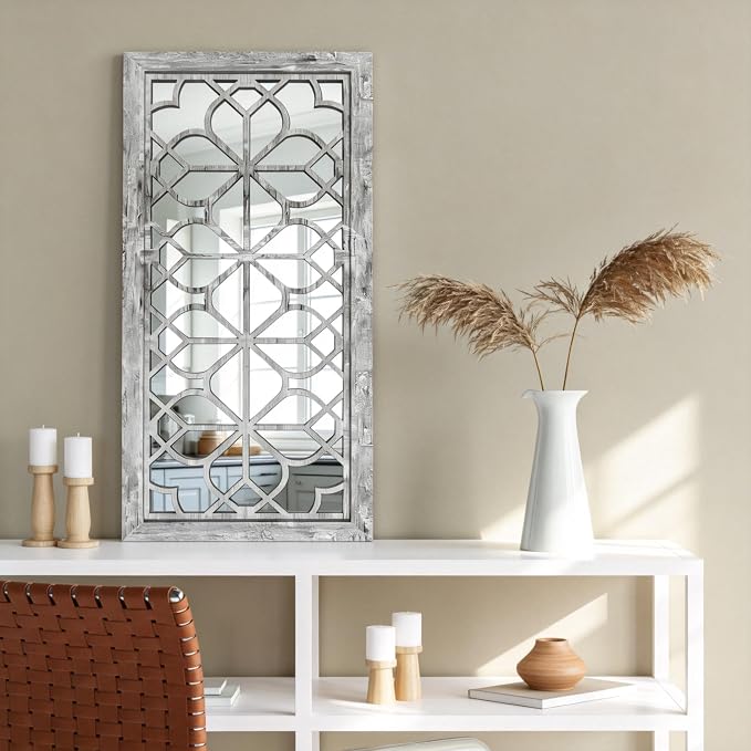Set of 2 13x30 Inch Large Grey Shatterproof Carved Floral Wood Frame Wall - Image 3