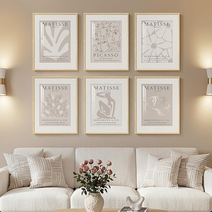 Framed Neutral Abstract Wall Art, 6 Piece Modern Matisse Prints Artwork by Cuspin