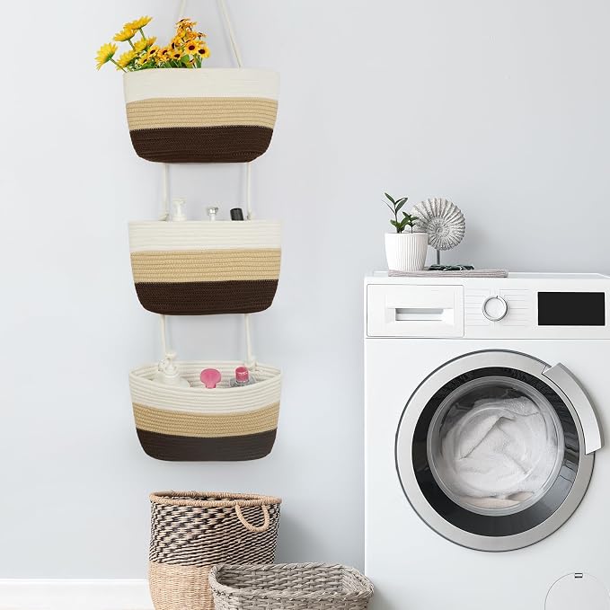 TeoKJ Over the Door Hanging Basket, 3-Tier Woven Cotton Wall-Mounted Storage - Image 7