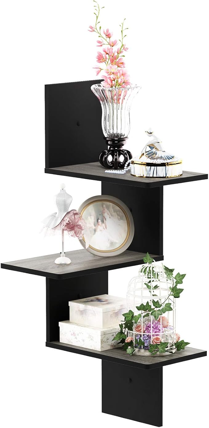 Furinno Rossi Wall Mounted Shelves 3-Tier Rectangle French Oak Grey/Black - Image 5