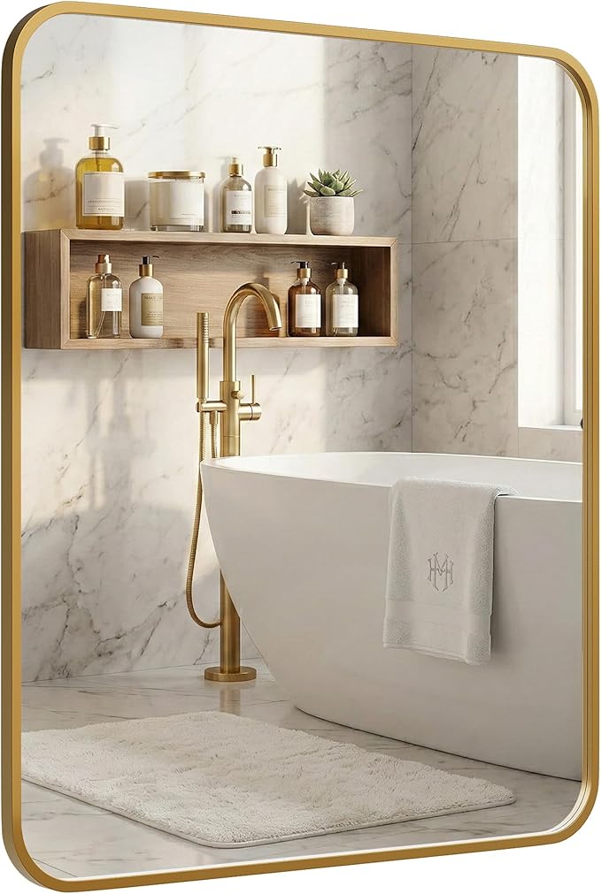 30x36 Inch Matte Gold Bathroom Vanity Mirrors | Flush Mount Deep Set Metal Wall by Pocetry