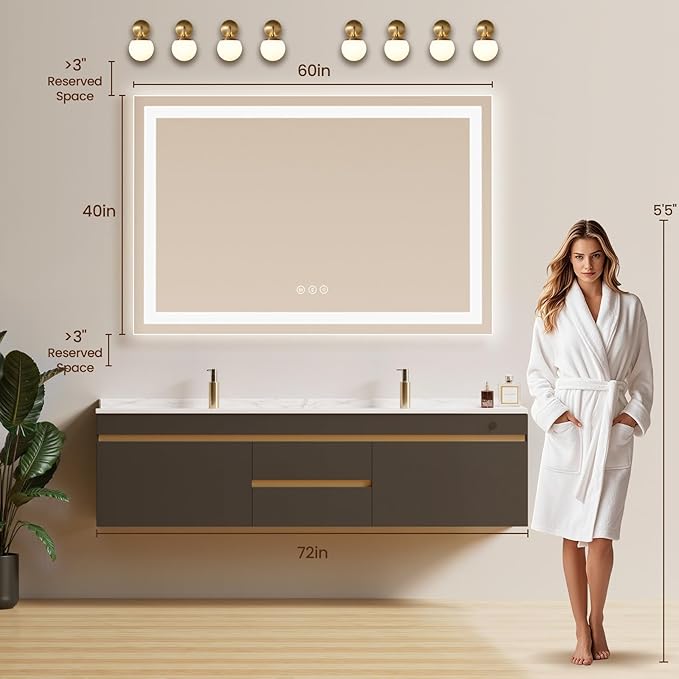 60X40 LED Bathroom Mirror with Lights, Backlit + Front Lit, Lighted Bathroom - Image 7