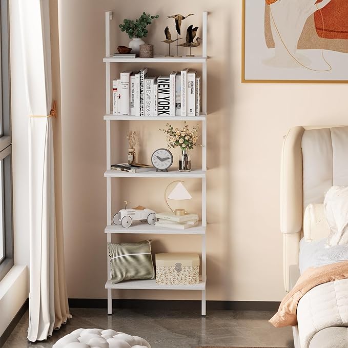 aboxoo Ladder Shelf 2 PCS White Bookshelf 5-Tier Wooden Open Shelf Wall-Mounted - Image 4