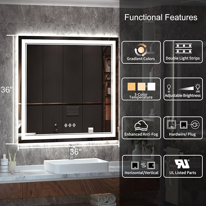 LED Mirror for Bathroom, 36x36 Inch, 3 Colors Dimmable CRI>90 Double Lights - Image 2
