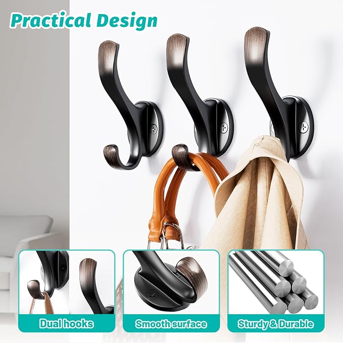 Heavy Duty Wall Hooks, Metal Mounting Hardware, Double Prong Design, Decorative - Image 3