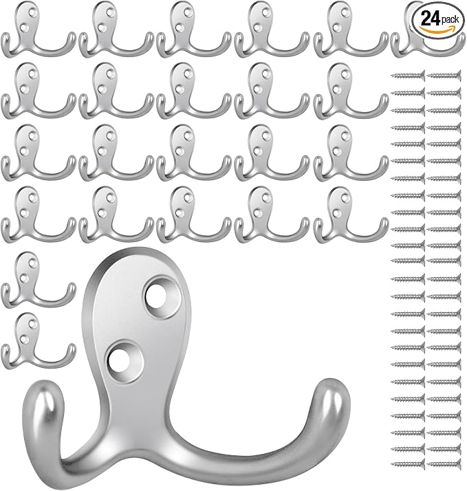 Homanu 24 Pack Coat Hooks, Heavy Duty Double Prong Coat Hooks Wall Mounted by Homanu