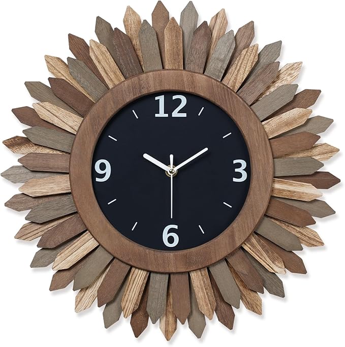 Honiway 16 Inch Wall Clocks, Rustic Wood Boho Sunburst Decorative Wall Clock by Honiway